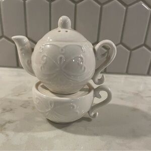 Pier One Chic Embossed  White Teapot and Cup Salt and Pepper Set